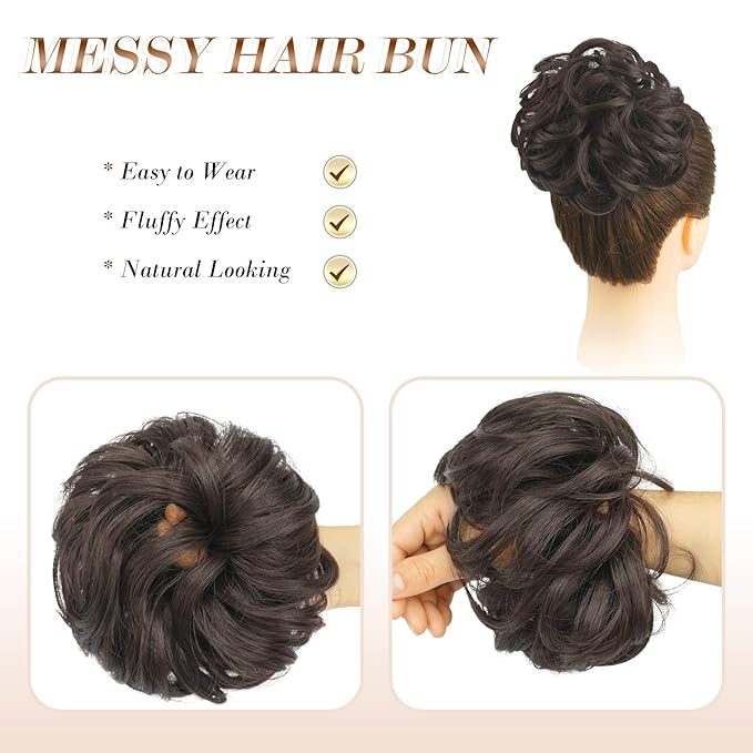 FESHFEN Large Messy Bun Hair Piece - Wavy Synthetic Chignon Scrunchies Elastic Ponytail Hair Extensions Thick Hairpieces for Women, Dark Brown 1.94oz