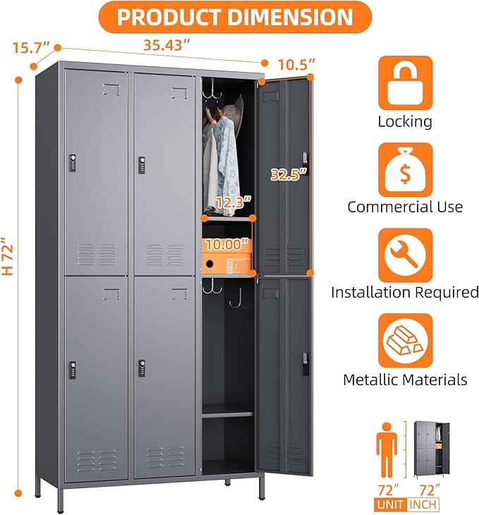 METAN Metal Locker for School Office Gym Bedroom,with Password Lock,6 Doors Steel Storage Lockers Cabinet for Employees,Industrial Storage with 1 Shelf,Assembly Required,Dark Gray