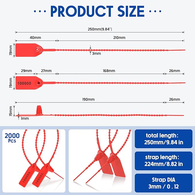 Roowest 2000 Pcs Plastic Tamper Seals Security Tags Seals Safety Numbered Zip Ties Fire Extinguisher Tamper Tags Disposable Self Locking Signage 250 mm Length(Red)