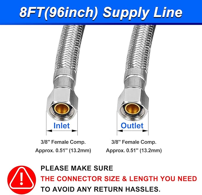8FT Stainless Steel Braided Water Supply Line for Dishwasher, Brass 3/8 Inch Compression x 3/8 Inch Compression Connections, Food Grade PEX Inner Tube Water Hose