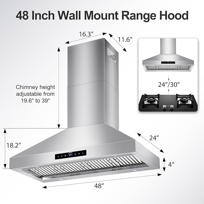 48 inch Range Hood Wall Mount, 1500 CFM with 4-Speed Gesture Sensing & Touch Control, Stainless Steel Ducted Kitchen Stove Vent Hoods with 4 LED Lights, Time Setting, Dishwasher-Safe Baffle Filters