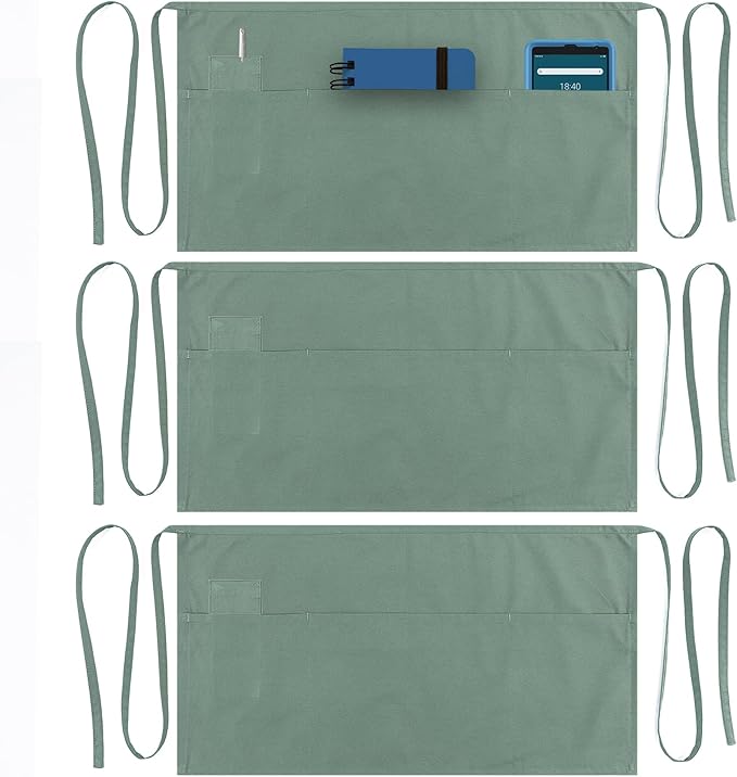 Dreamology Waist Apron with Pockets,Aprons for Waitress and Waiter,Server Apron Women, Aprons with 3 Pockets,Waist Apron,Apron for servers,Water Resistant Aprons for Cooking,Gardening etc (3 Pack)