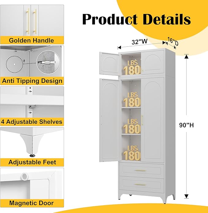 Kitchen Pantry Cabinet，90" Storage Cabinets with Doors and Shelves,Metal Pantry Cabinet with 2 Drawers,White Kitchen Cupboard for Livingroom,Pantry, Bathroom