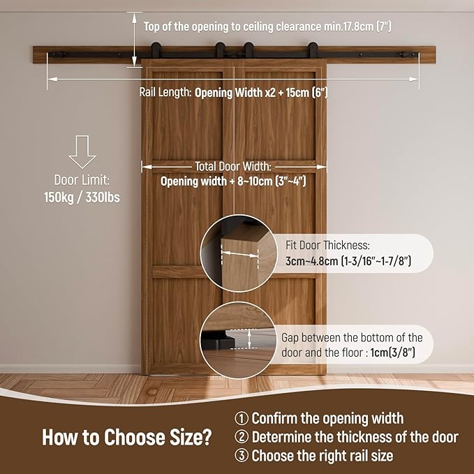 CCJH 15FT Sliding Barn Door Hardware Kit, Heavy Duty, Smoothly and Silently, Easy to Install, Fit 45" Width Double Door Panel, T-Shaped Style Black