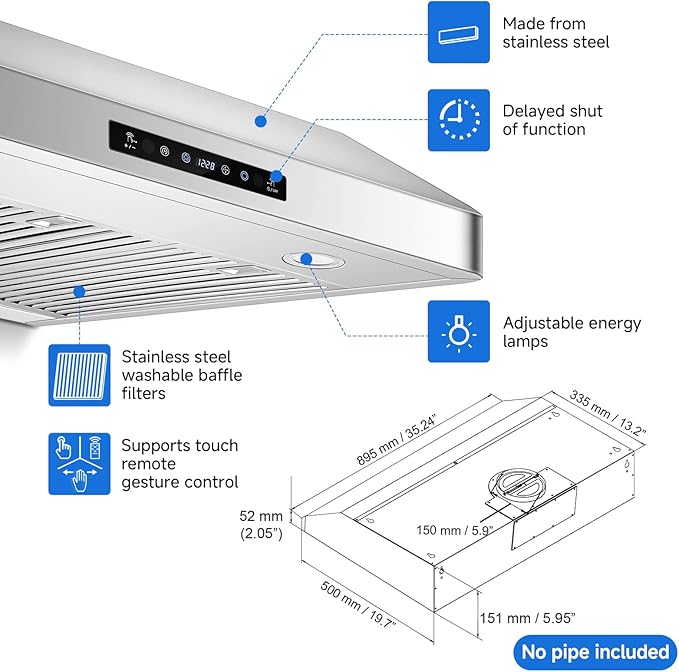 AMZCHEF Under Cabinet Range Hood 36 Inch, 700CFM Stainless Steel Kitchen Stove Vent Hood 3 Speed Exhaust Fan Touch/Remote/Gesture Control LED lights Time Setting Dishwasher-Safe Baffle Filters