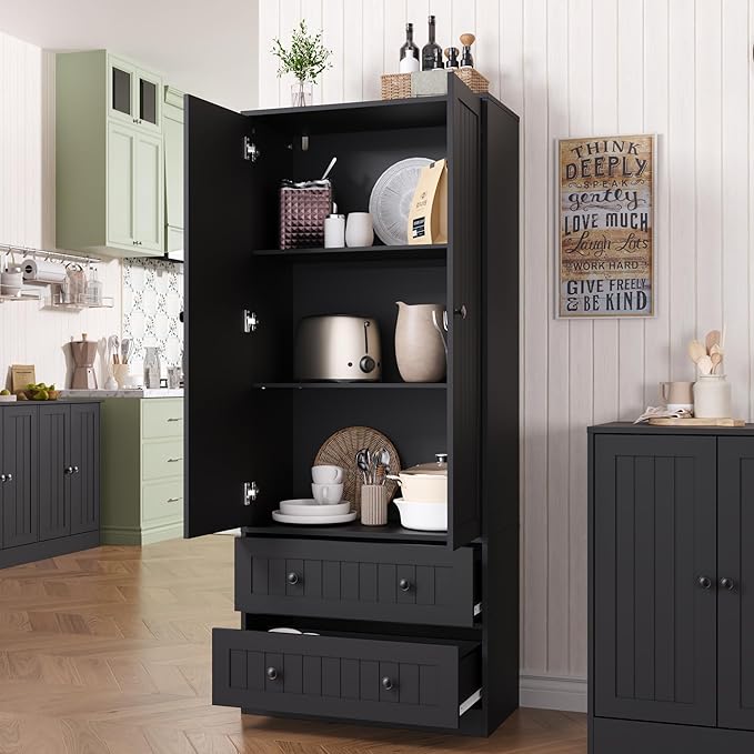 65" H Storage Cabinet, Farmhouse Kitchen Pantry Cabinet with 2 Doors & Adjustable Shelf, Handbag Storage Organizer for Living Room, Bathroom, Kitchen, Black