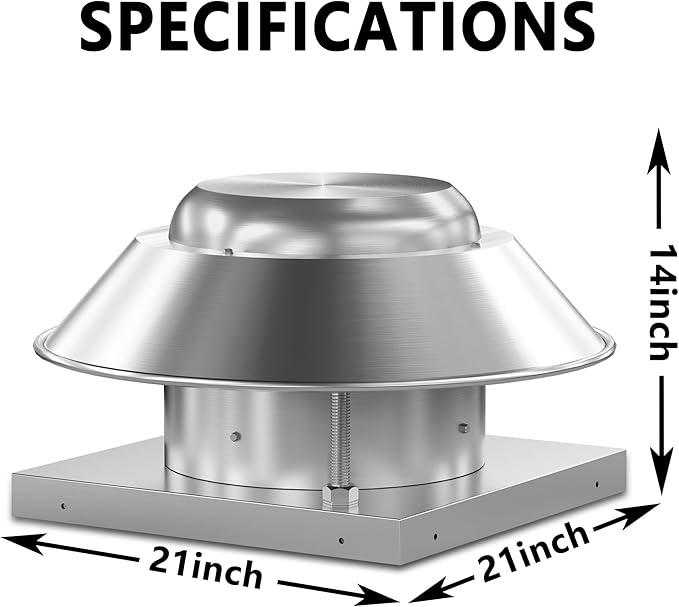 Roof Exhaust Fan Direct Drive Axial Downblast Exhaust Fan -21"" Fan Base, 1/6 HP 115 Volt Single Phase Motor 1160 CFM, 14 Inch, Aluminum