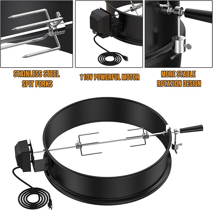 Skyflame Charkettle Rotisserie Ring Kit for Weber 22-Inch Kettle Charcoal and Other Similar Size Grills, Black Coated Steel BBQ Grill Rotisserie Kit Replacement for Weber 2290