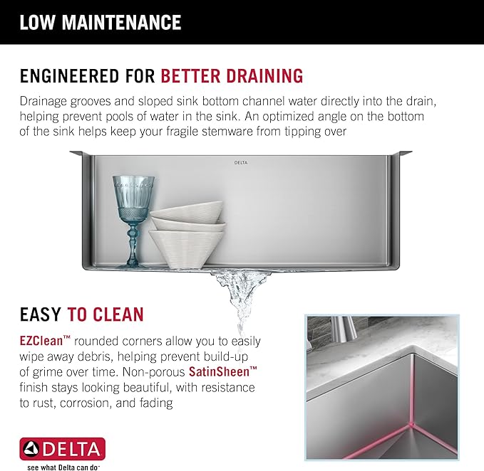 DELTA FAUCET Delta Lenta 26-inch Undermount 16 Gauge Stainless Steel Single Bowl Kitchen Sink with Accessories, 953034-26S-SS, Satin