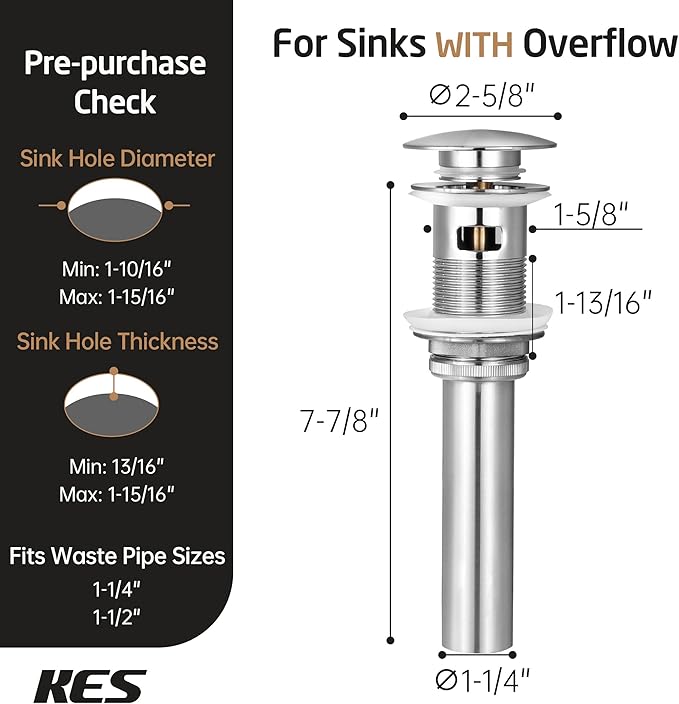 KES Bathroom Vessel Vanity Sink Pop Up Drain Stopper with Overflow for 1.6"-1.9" Sink Hole, All Metal Rustproof Brass and 304 Stainless Steel, Brushed Nickel, S2008A-BN