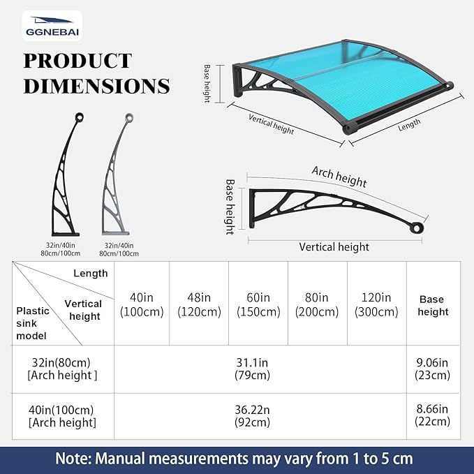 Awning for Door Entrance with Drainage Sink,40x60 Inch Awnings for Doors,Window Canopy Exterior with Plastic Steel Bracket,Polycarbonate Cover,UV,Rain,Snow Protection for House,Porch,Patio,Deck