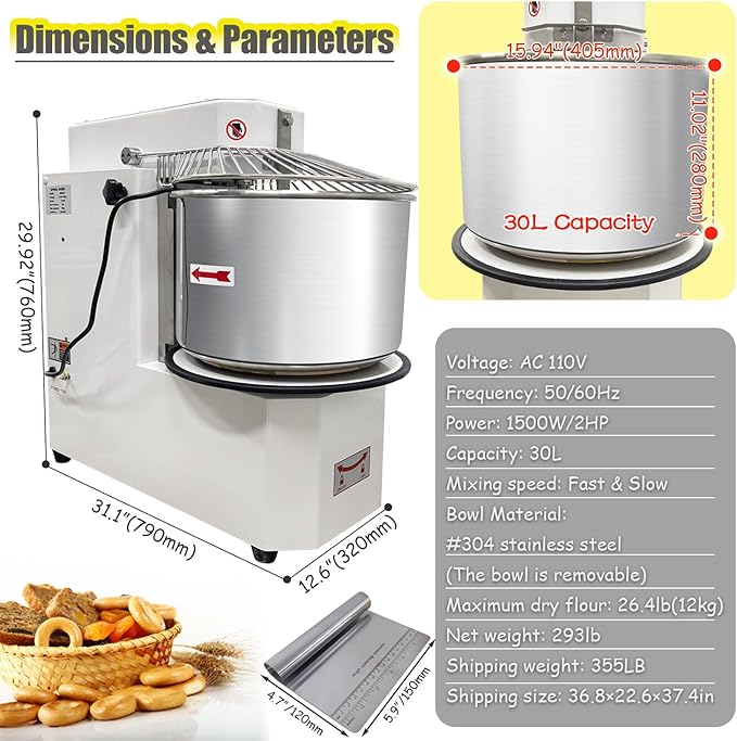 INTSUPERMAI Commercial Dough Mixer Machine Electric Food Mixer with Removable Bowl Double Action Double Speed Dough Kneading Machine for Schools Bakeries Restaurants Pizzerias 110V 30 L/30 QT Capacity