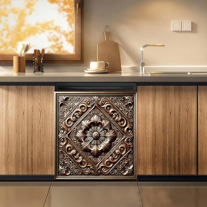 2D Flat Vintage Bronze Floral Embossed Dishwasher Magnetic Cover 23x26 Inch OrnateMetal Carved Pattern Appliance Magnet for Kitchen Decor