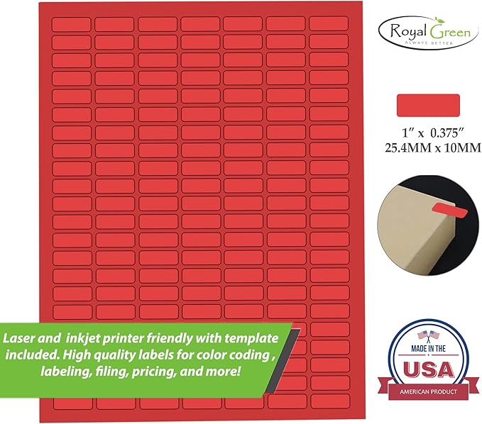 Small Rectangular Labels Printable Stickers for Injket Printers in Red, Small Matte Labels 1 inch x 0.375 inch for Laser Printers with Template Included - 1078 Pack