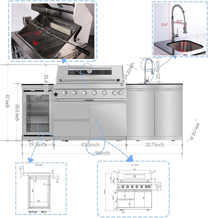 Outdoor Kitchen Island, 95.5 Inch 85000 BTU Gas Grill Combination With Refrigerator and Sink, Outdoor Stainless Steel Barbecue Bar, 6 Burner Propane Grill for Patios, Gardens, Parties