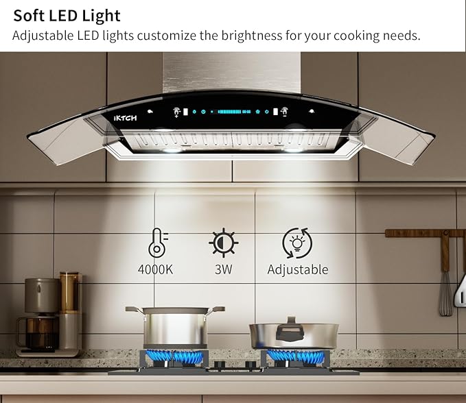 IKTCH 36 Inch Island Mount Range Hood, 900 CFM Ducted, Stainless Steel & Tempered Glass, Gesture Sensing & Touch Control, 4-Speed Fan