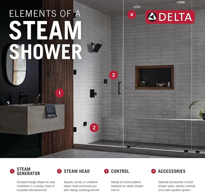 Delta Faucet SimpleSteam 10kW Steam System Kit Brushed Nickel, Includes 10kW Steam System Generator, Square Digital System Control, Square Steam Head, Lumicoat Stainless 5P-EST010-SS-PR