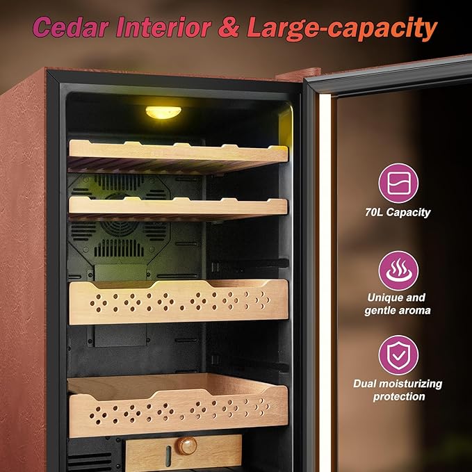Electric Humidor with Leather-70L Cooling & Heating Humidor Cabinet, Smart Touch Control Humidity & Temp, Humidors wtih Spanish Cedar Wood Tray Digital Display, Safety Lock, Desktop Gift for Men