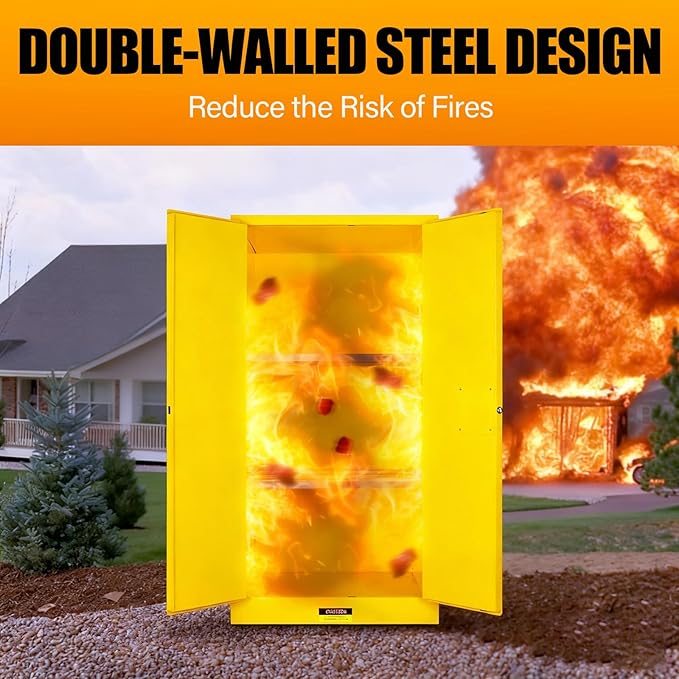 Flammable Storage Cabinet 90 Gallon Yellow, Galvanized Steel Large-Capacity Fire Resistant Cabinet, Dual Vents & 3-Point Lock for Warehouses, Industrial Use & Residential Garages
