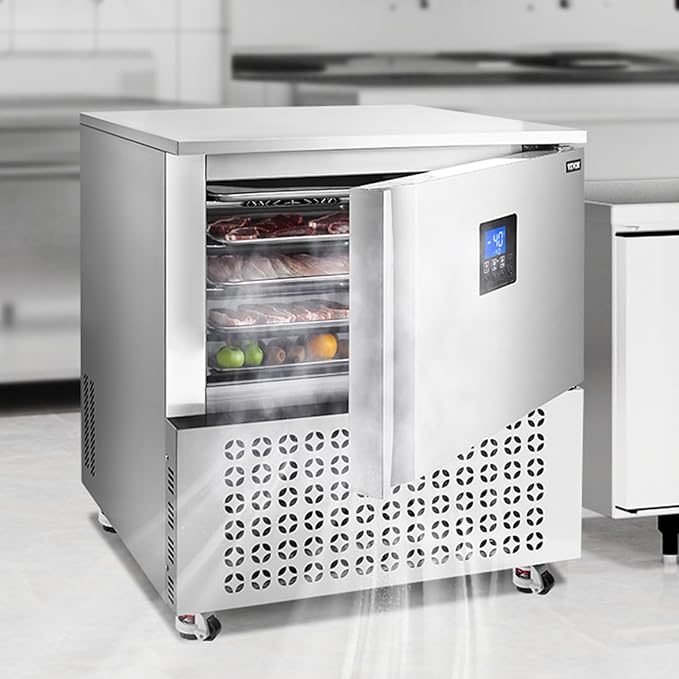 VEVOR 114 L Blast Chiller, 5 Trays Commercial Flash Freezers, <-31~68°F> 4 Modes Chest Shock Frozen, 304 Stainless Steel Flash Freezer, 360° Defrost Blast Chiller with Caster for Seafood, Ice Cream
