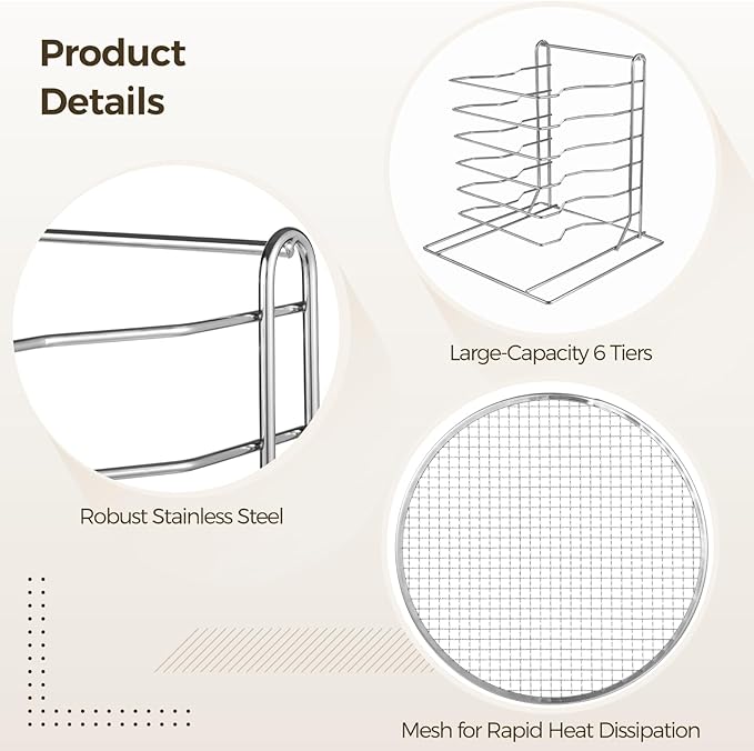 OMISTAR 6 Tier Pizza Rack With 6 Perforated 12 Inch Perforated Pizza Pans with Holes, 13.3' H x 12'' L x 12'' W Pizza Pan Rack Holder for Buffet Table, Easy Storage Multiple Pizzas (6 Tier)