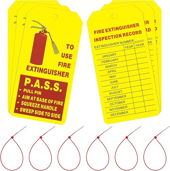 Outus 50 Sets Fire Extinguisher Tags with Adjustable Wire Ties 4.2 x 2.1 Inch Monthly Inspection Waterproof Tags Extinguisher Recharge and Inspection Record for Indoor Outdoor(Red and Yellow)
