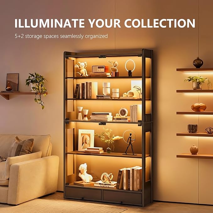 Glass Display Cabinet 69''H with LED Lights, 5-Tier Showcase with Drawers, Collectible Figure Display Case, Freestanding Curio Cabinet, Tall Storage Shelves, Black, 39.4''W