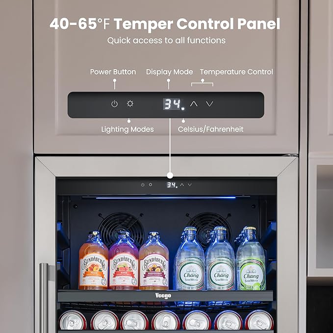 Yeego Beverage Refrigerator & Drink Fridge - 24 inch 238 Cans Beer Cooler with Glass Door, 34-54℉ Built-in or Freestanding Refrigerator with Door Lock, For Drink Soda Wine and Kitchen, Bar or Office