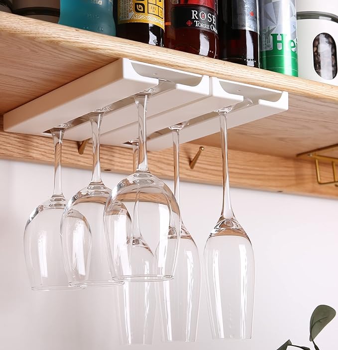 Wine Glass Holder Under Shelf Cabinet Wine Glass Rack Plastic Stemware Rack Glassware Drying Storage Hanger for Kitchen,Bar and Restaurant (White-2Pack)