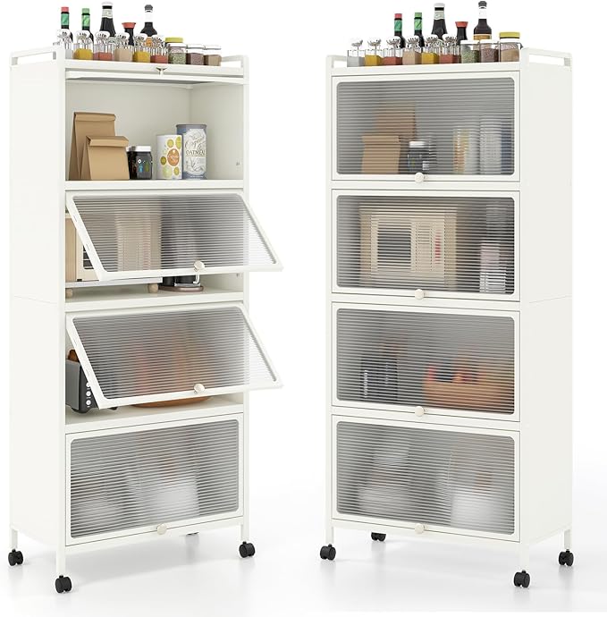 Giantex 5-Tier Kitchen Storage Cabinet, Mobile Microwave Stand with Flip-up PC Doors, Freestanding Kitchen Bakers Rack with 4 Rolling Casters, for Dining Room, Living Room and Study (White)