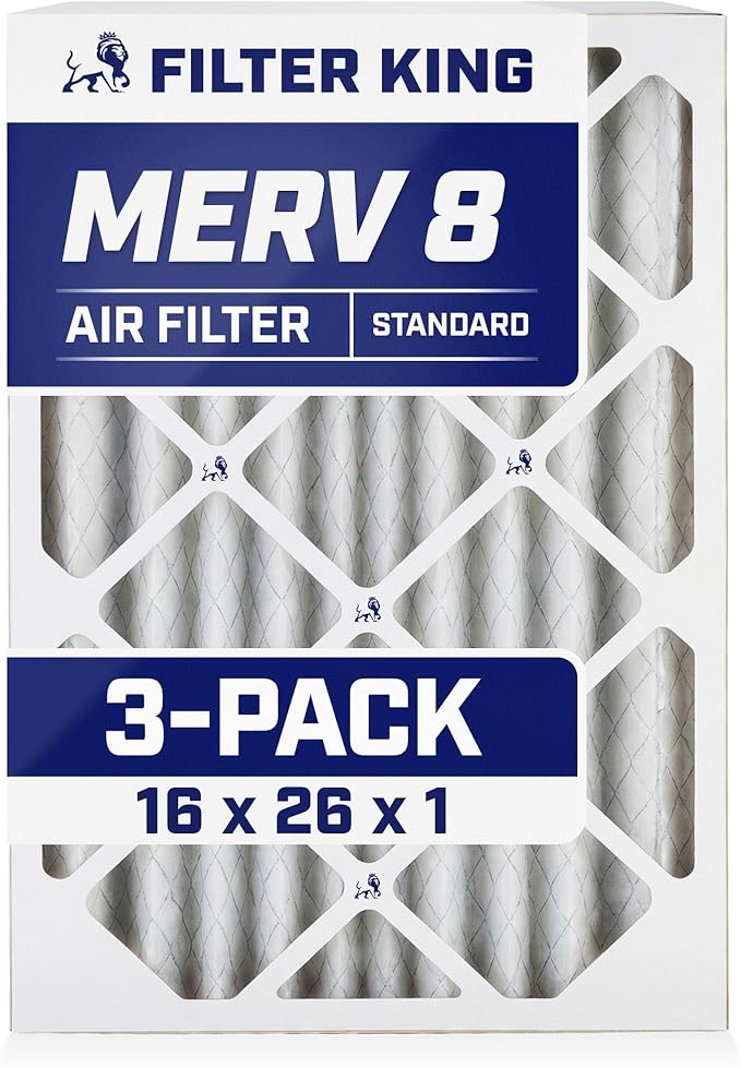 Filter King 16x26x1 Air Filter | 3-PACK | MERV 8 HVAC Pleated A/C Furnace Filters | MADE IN USA | Actual Size: 15.5 x 25.5 x .75"