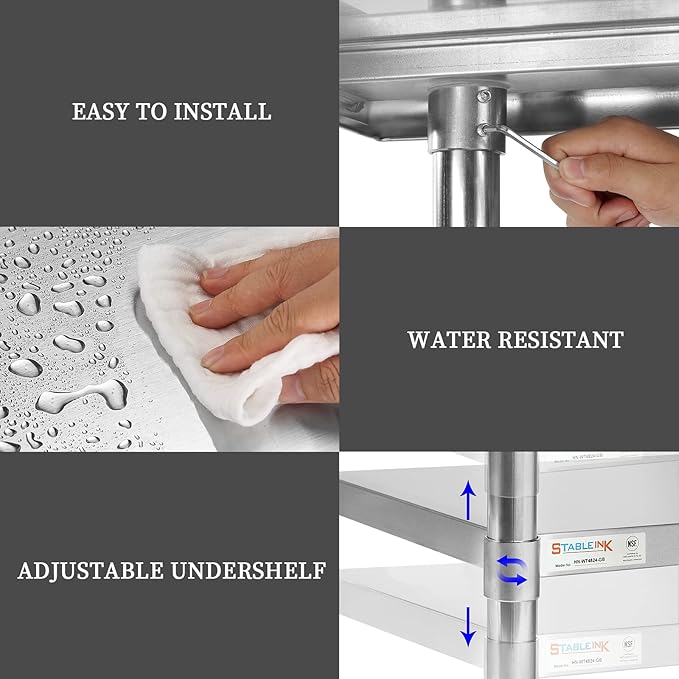 STABLEINK Stainless Steel Table with Wheels 24 x 48 Inches 4ft, NSF Commercial Prep & Workbench with Adjustable Undershelf, for Commercial Kitchen, Restaurant, Laundry, Hotel and Garage