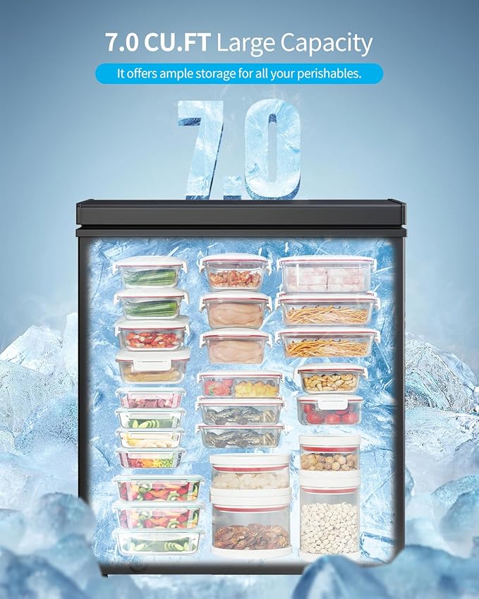 TABU 7.0 Cubic Feet Chest Freezer, Energy Saving Chest Deep Freezer with 7 Level Adjustable Thermostat, Top Opening Compact Freezer with Removable Storage Basket (Black)