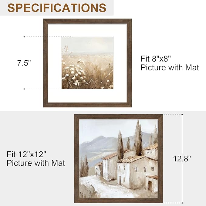Vittanly 12x12 Picture Frame Set of 2, Solid Wood Frame for Wall Art Photo and Prints, Display Photo 8x8 with Mat or 12x12 without Mat, Brown