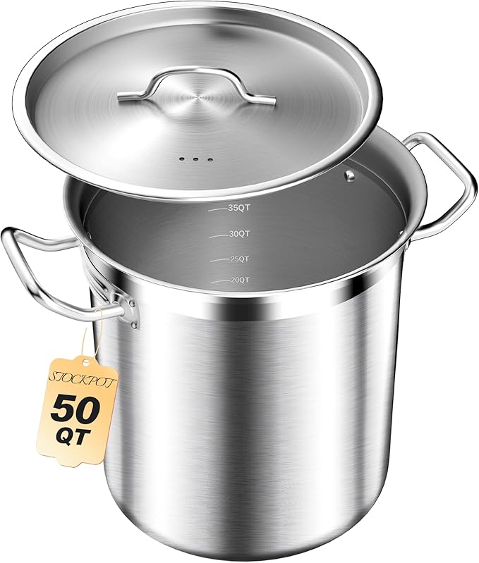 50 Quart Stainless Steel Stock Pot with Lid – Heavy Duty Cooking Pot for Soup, Commercial Soup Pots, 3-Ply Induction Bottom, Oven Safe