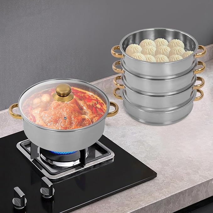 Stainless Steel Steamer Pot, 11.8-Inch Steamer for Cooking, 5-Tier Food Steam Pots with Lid for Cooking Vegetables, Seafood, Soups, Stews, Dumplings and Pasta