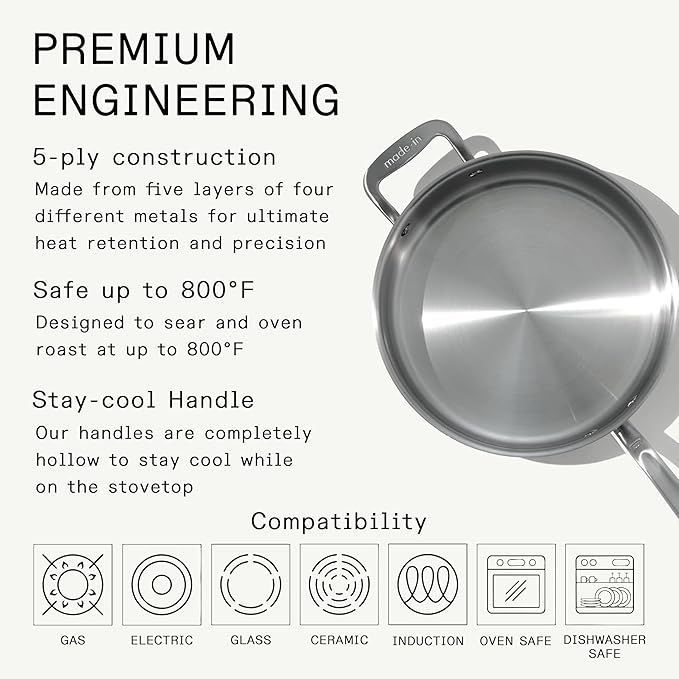 Made In Cookware - 3.5 Quart Stainless Steel Saute Pan - 5 Ply Stainless Clad - Professional Cookware - Induction Compatible - Crafted in Italy