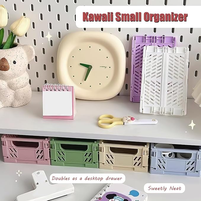 Small Pastel Plastic Storage Bins 2Pcs Foldable Pastel Crates Plastic Basket Colorful Storage Containers Baskets for Classroom Kitchen Office Bedroom Desktop Home Decor (Yellow 5.8" x 3.8" x 2.2")