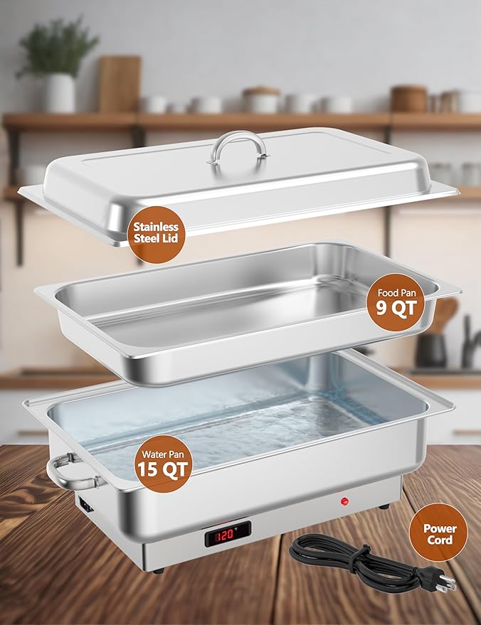 2 PACK Electric Chafing Dish Buffet Set 9 QT Buffet Servers and Warmers Digital Display Temperature Warming Tray Stainless Steel Food Warmer for Parties Weddings Caterings