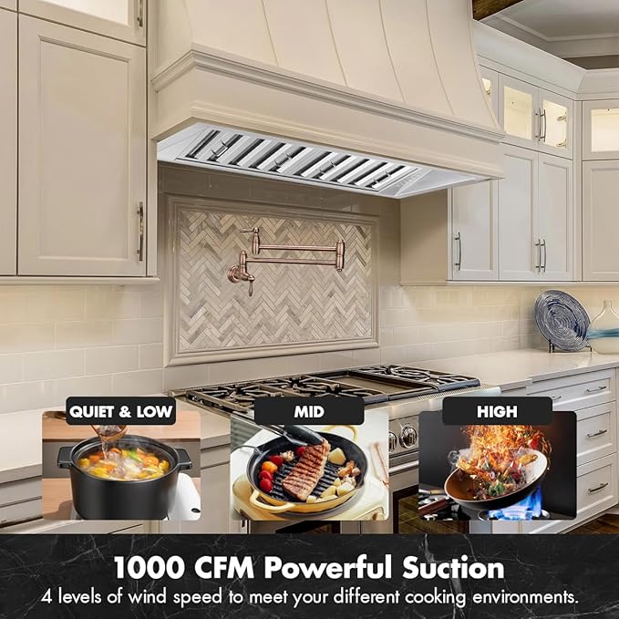 Micmi 48 inch Built-in Range Hood Insert Vent, Dual Motors Stainless Steel Kitchen 1400 CFM with Push Button Control, Ducted, Baffle Filters, 4 Speed Stove Exhaust Fan, ETL listed