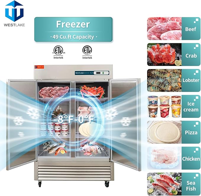 WESTLAKE 54"W Commercial Freezer 49 Cu.ft Stainless Steel Reach-in Solid Door Upright Fan Cooling 2 Door 2 Section Freezer for Restaurant, Bar, Shop, etc