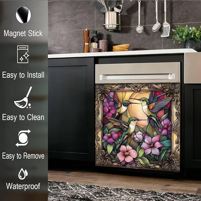 Stained Glass Hummingbird Dishwasher Cover, Flower Dishwasher Magnet Covers Decorative for The Front, Magnetic Refrigerator Cover Fridge Decal, Dish Washer Magnet Appliance Sticker, 23"X26"