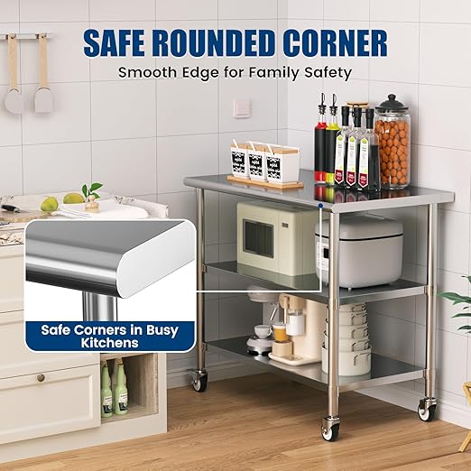Stainless Steel Work Table with Wheels, 24x48 Inch NSF Kitchen Prep Table with 2 Adjustable Undershelves for Commercial Restaurant, Garage, Outdoor BBQ