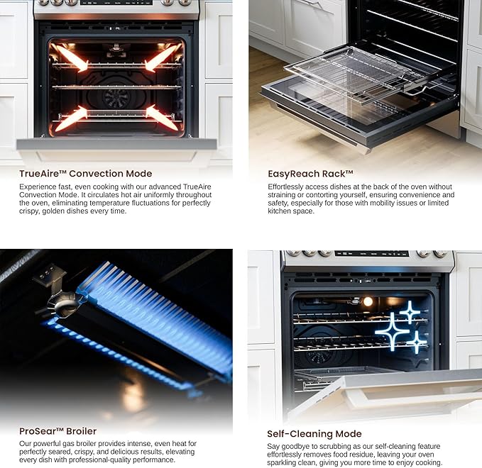 Rangaire RRG303GS 30" Glass Touch Gas Range Oven - Stainless Steel, Sealed Burners, True Convection, Self Cleaning, Easy Reach Racks