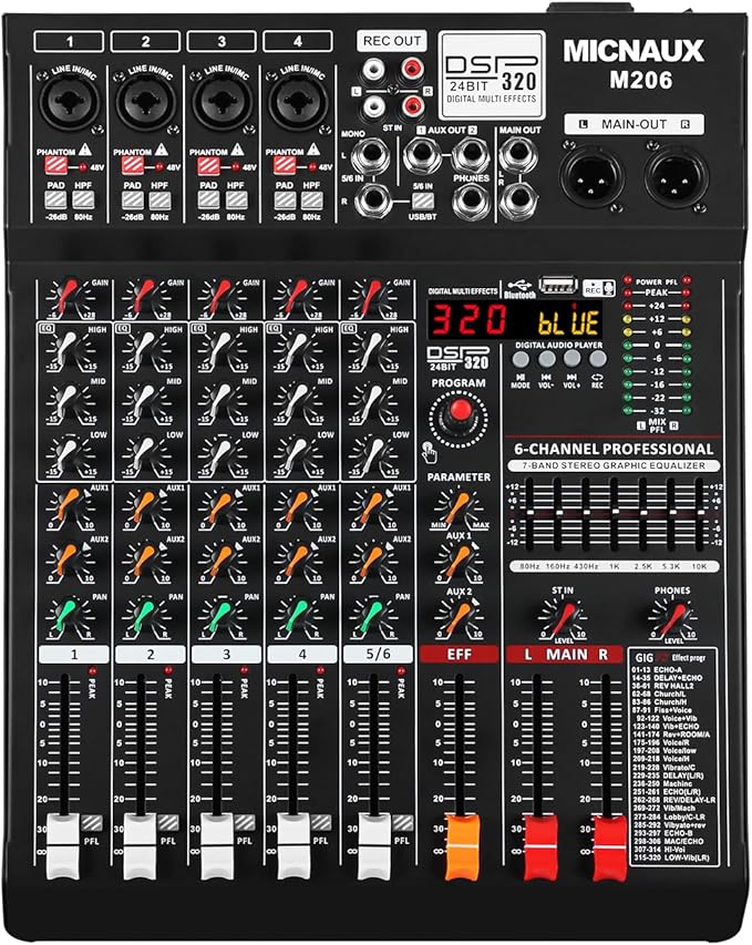 Audio Mixer 6 Channel Professional Sound Console Music Mixer with 320 DSP Effects, 7-band EQ DJ Mixing Board w/USB, Bluetooth, 48V Power Supply, PAD Button for Recording Karaoke PA Drum Live