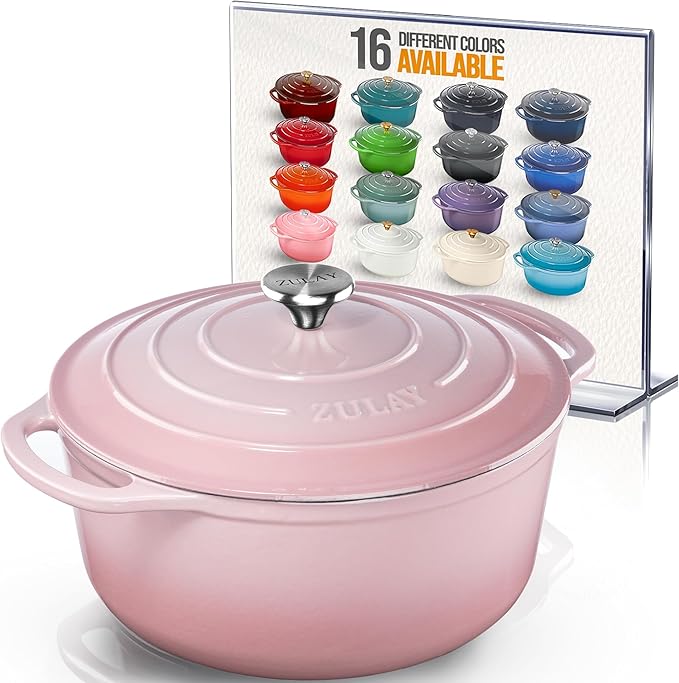 Zulay Kitchen 6 Quart Enameled Cast Iron Dutch Oven Pot with Lid – Premium Durability & Oven Safe up to 500°F – Heavy Duty Cookware Perfect for Bread Baking, Stews, Braising & Roasting – Pink