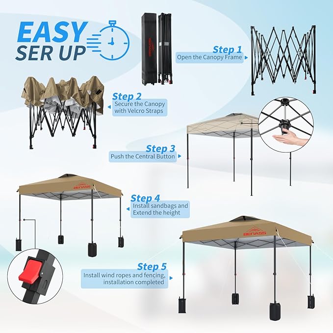 12x12 Pop Up Canopy, Easy Up Canopy Tent, Heavy Duty Tents for Parties, One Person Set Up Event Tent, Khaki
