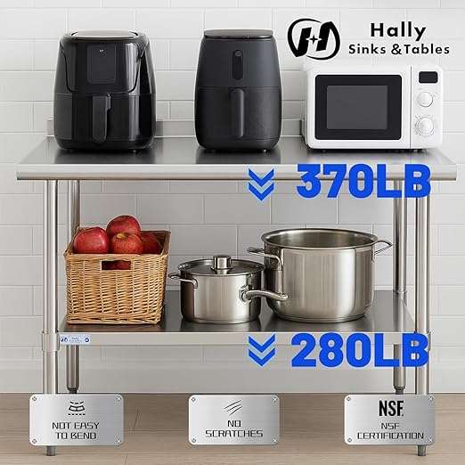 Hally Stainless Steel Table for Prep & Work 14 x 48 Inches, NSF Commercial Heavy Duty Table with Undershelf and Backsplash for Restaurant, Home and Hotel