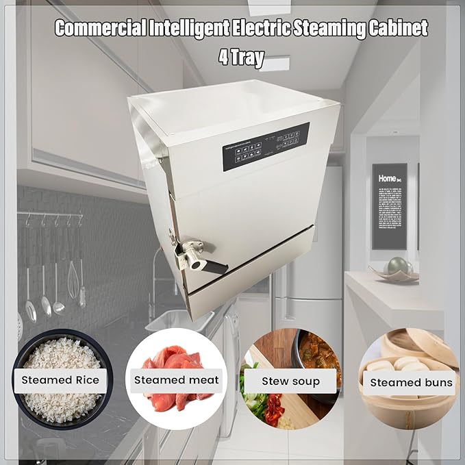 220V 1PH Commercial Electric Steamer 6000W Warming Cabinet Steam Box 4 Tray Intelligent Steaming Cabine for steamed rice, buns, meat, seafood
