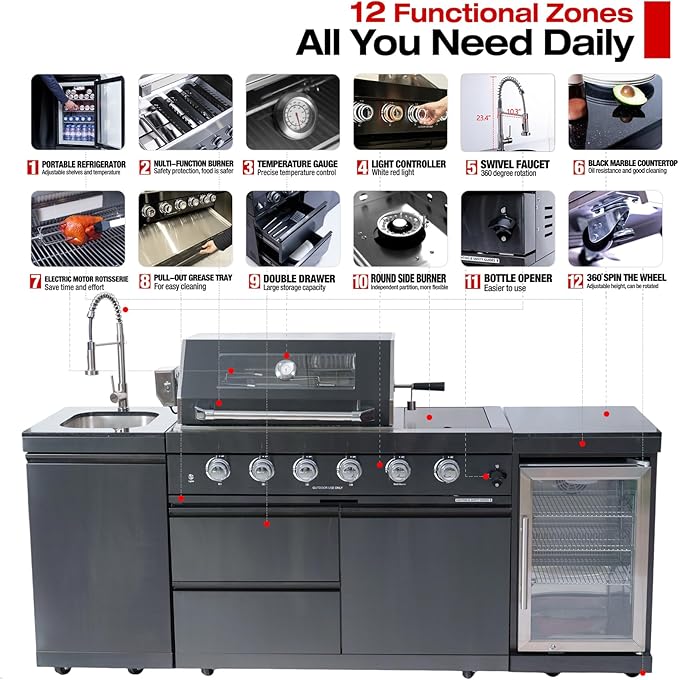 Outdoor Kitchen Island, 84.6 Inch 72000 BTU Gas Grill Combination With Refrigerator and Sink, Outdoor Stainless Steel Barbecue Bar, Natural Gas Barbecue Grill for Patios, Gardens, Parties